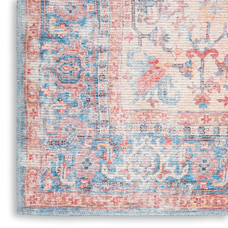 Vintage-Style Blue Floral Medallion Cotton Chenille Area Rug, 5'3" x 7'3"