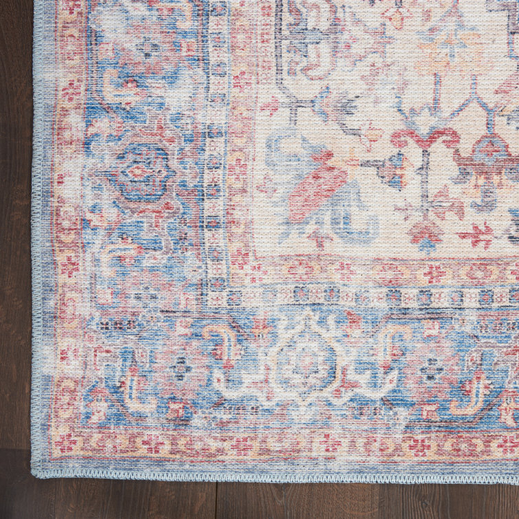 Vintage-Style Blue Floral Medallion Cotton Chenille Area Rug, 5'3" x 7'3"