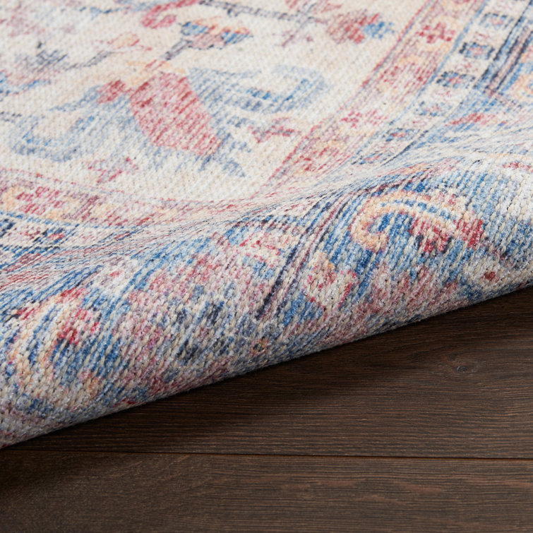 Vintage-Style Blue Floral Medallion Cotton Chenille Area Rug, 5'3" x 7'3"