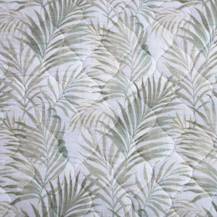 Reversible Sage Palm Motif White Cotton King Quilt Set