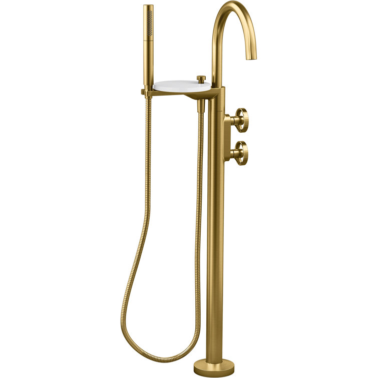 Vibrant Brushed Brass Floor-Mount Bathtub Faucet with Handshower