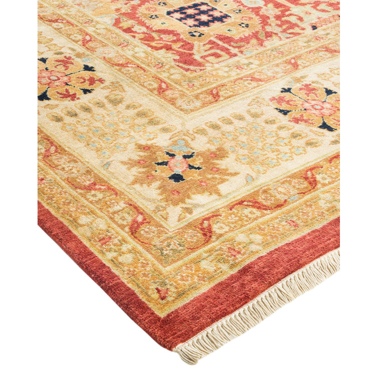 Hand-Knotted Wool Oriental Area Rug in Ivory, Sand, and Red, 8' x 10'