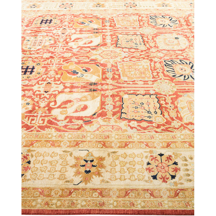 Hand-Knotted Wool Oriental Area Rug in Ivory, Sand, and Red, 8' x 10'