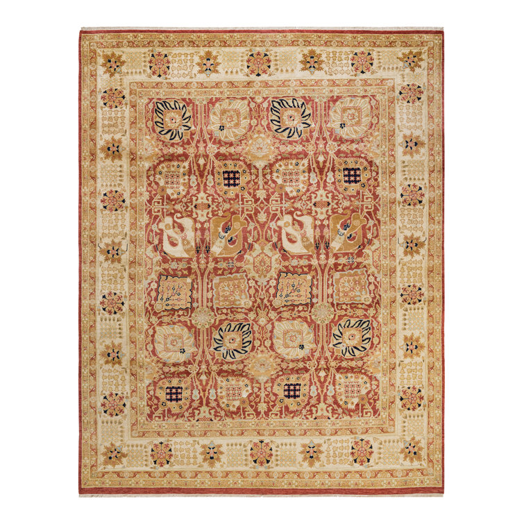 Hand-Knotted Wool Oriental Area Rug in Ivory, Sand, and Red, 8' x 10'