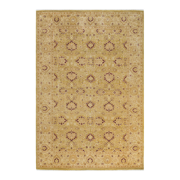 Classic Beige and Red Hand-Knotted Wool Area Rug