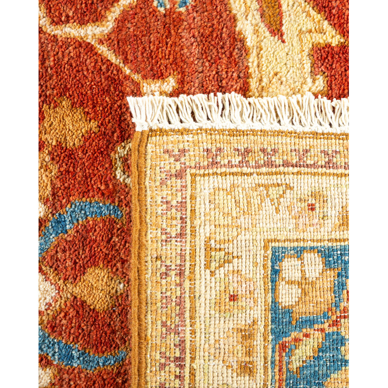 Hand-Knotted Burnt Orange and Blue Wool Area Rug