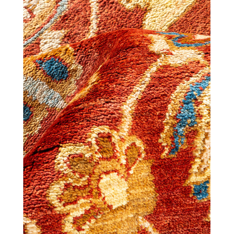 Hand-Knotted Burnt Orange and Blue Wool Area Rug