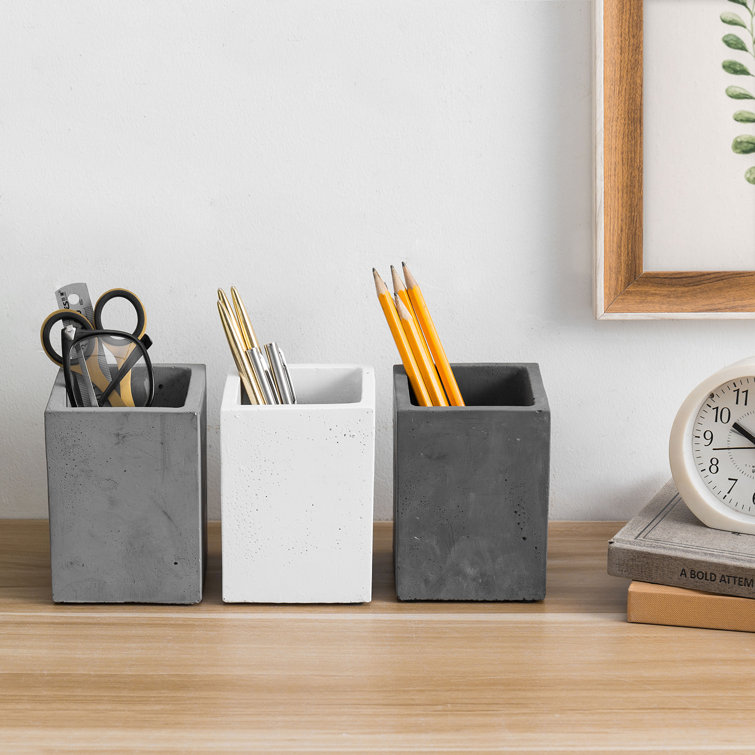 Set of 3 Gray and White Concrete Square Pen Holders