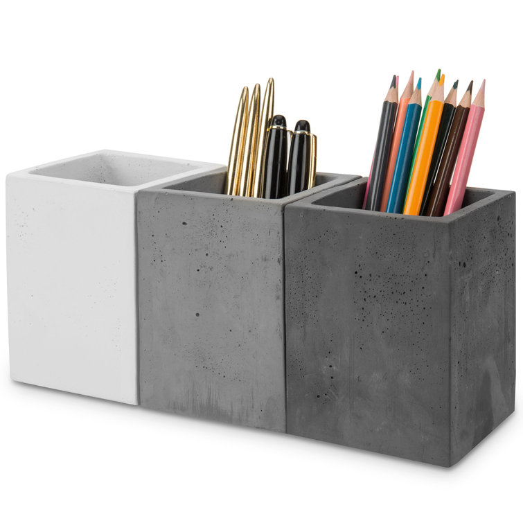 Set of 3 Gray and White Concrete Square Pen Holders