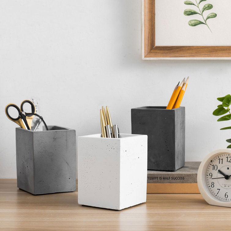 Set of 3 Gray and White Concrete Square Pen Holders