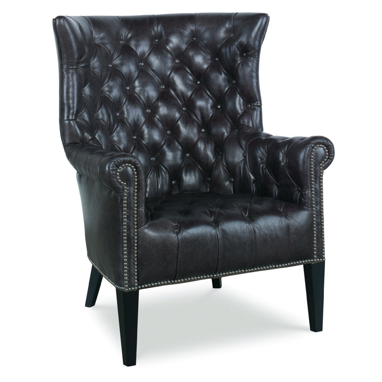 Empress Brunette Tufted Wing Chair in Black Leather