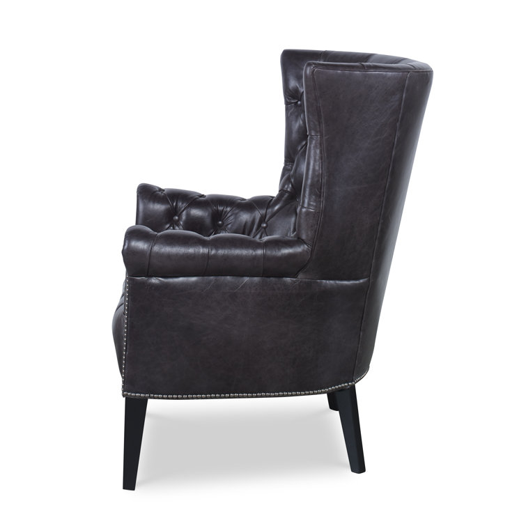 Empress Brunette Tufted Wing Chair in Black Leather