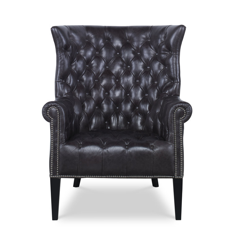 Empress Brunette Tufted Wing Chair in Black Leather