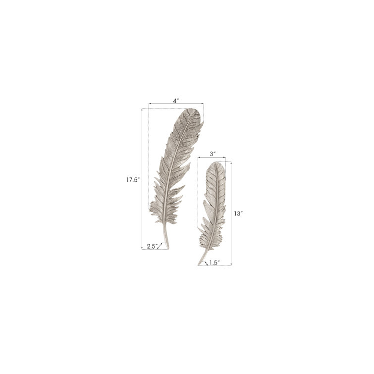 Silver Leaf Resin Feather Wall Décor Set, 2 Pieces
