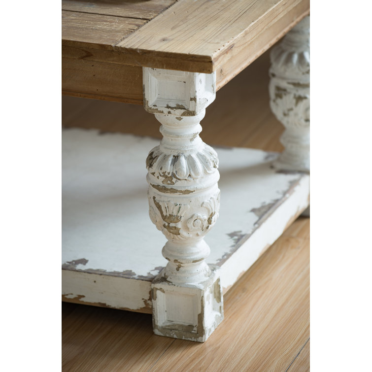 Whitewash Fir Wood Rectangular Coffee Table with Storage and Carved Legs