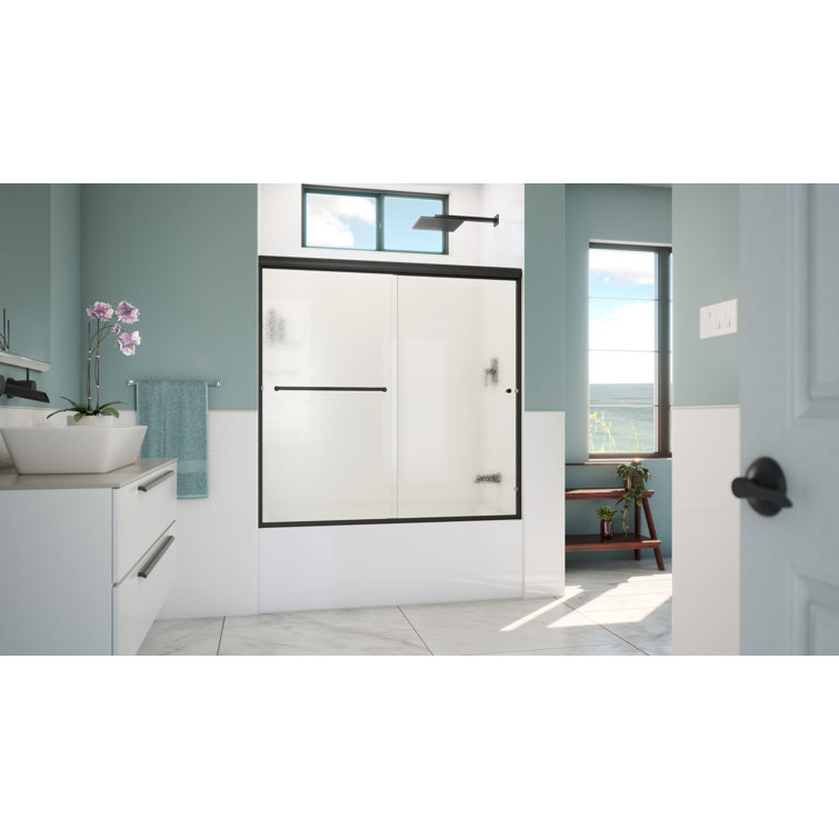 Matte Black Aluminum and Bubble Glass Bypass Tub Door