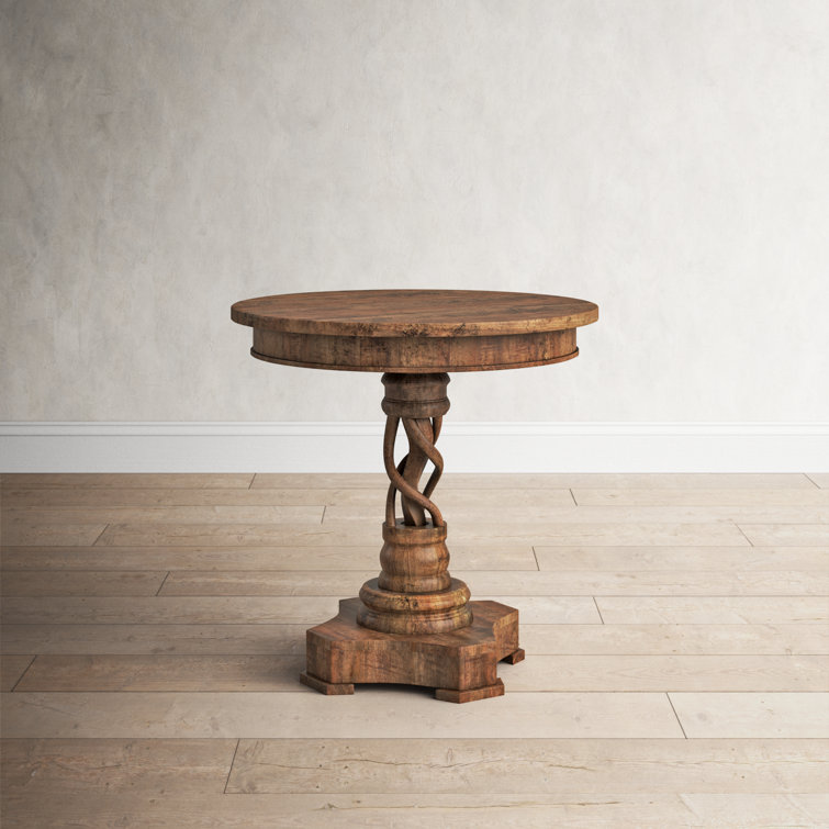 Natural Brown Mango Wood Round End Table with Carved Pedestal Base