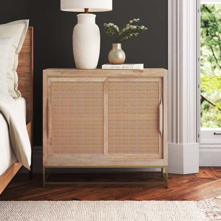 Janie Geometric Gold-Finish Rattan 2-Sliding Door Cabinet