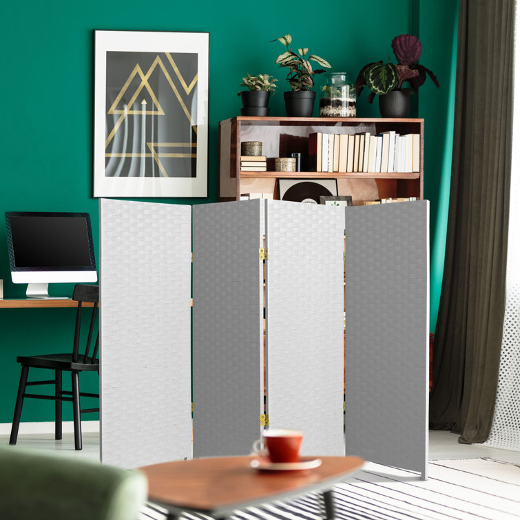 White Woven Fiber 4-Panel Folding Room Divider