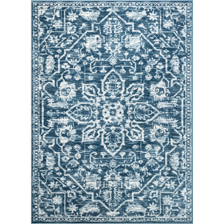 Light Blue Floral Synthetic Reversible 5' x 7' Rug