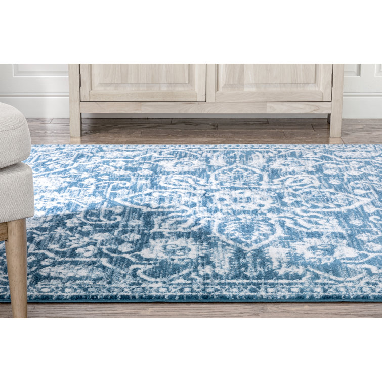 Light Blue Floral Synthetic Reversible 5' x 7' Rug