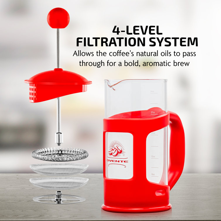 Red 34 Oz Glass and Stainless Steel French Press Coffee Maker