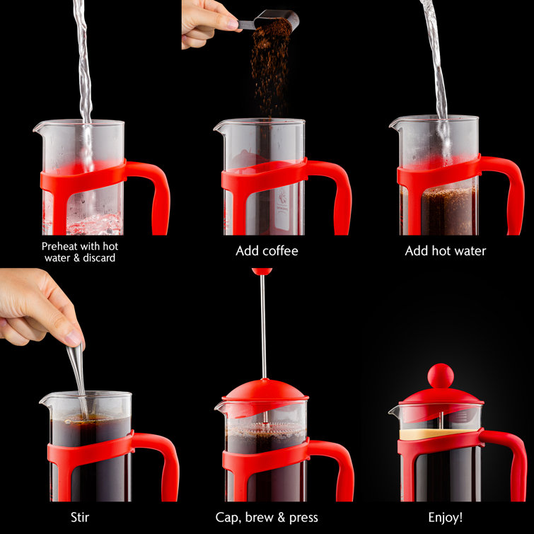 Red 34 Oz Glass and Stainless Steel French Press Coffee Maker