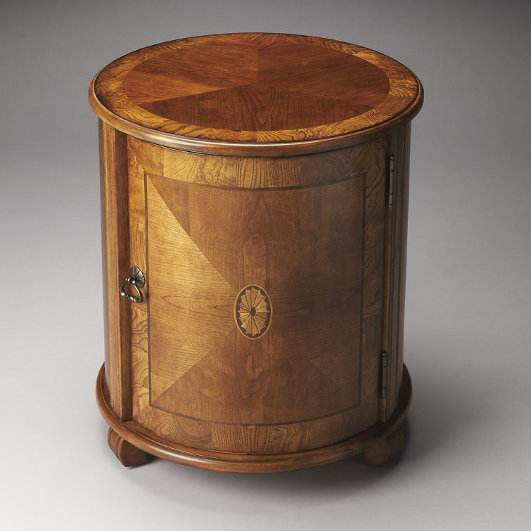 Olive Ash Burl Round Wood Drum Side Table with Storage