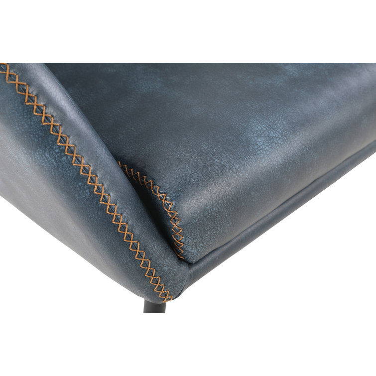 Navy Faux Leather Barrel Accent Chair with Gold Stitch and Black Metal Legs
