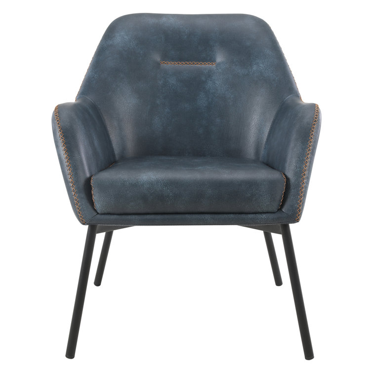 Navy Faux Leather Barrel Accent Chair with Gold Stitch and Black Metal Legs