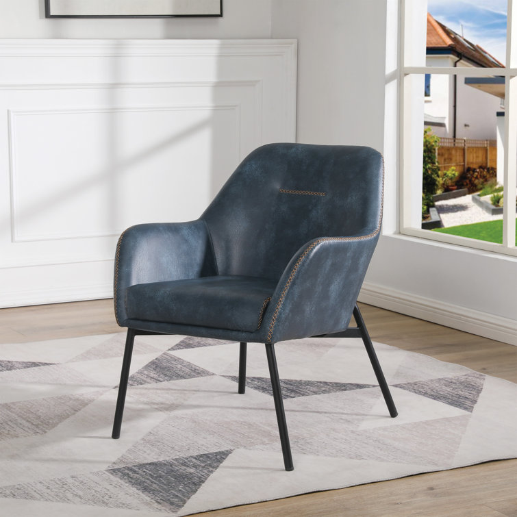 Navy Faux Leather Barrel Accent Chair with Gold Stitch and Black Metal Legs