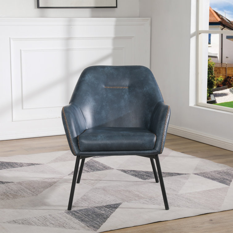 Navy Faux Leather Barrel Accent Chair with Gold Stitch and Black Metal Legs