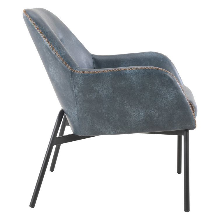 Navy Faux Leather Barrel Accent Chair with Gold Stitch and Black Metal Legs