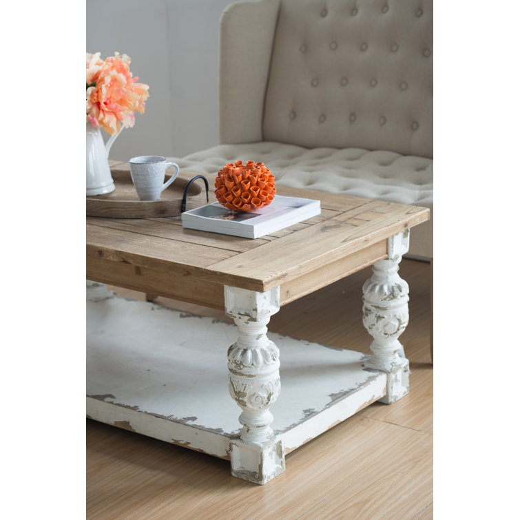 Whitewash Fir Wood Rectangular Coffee Table with Storage and Carved Legs