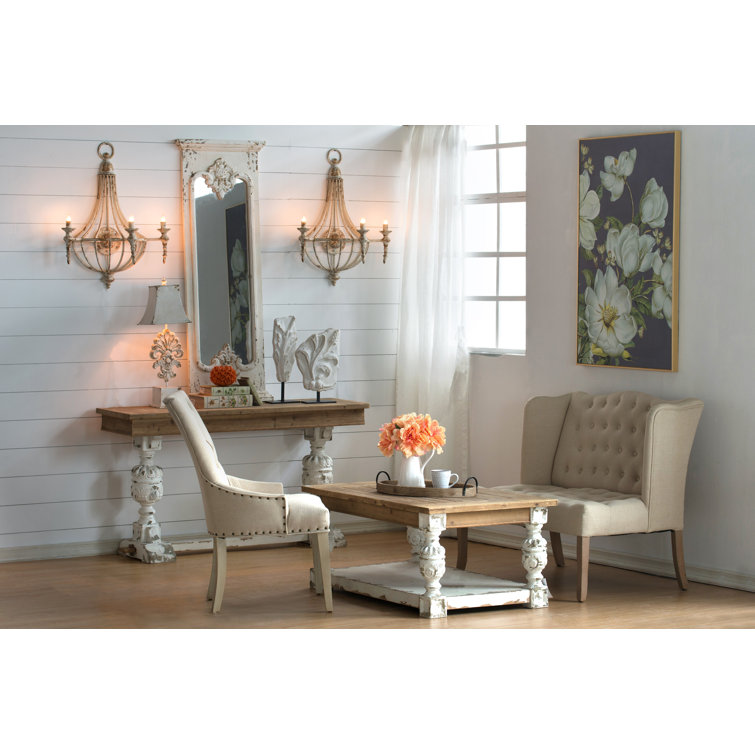 Whitewash Fir Wood Rectangular Coffee Table with Storage and Carved Legs