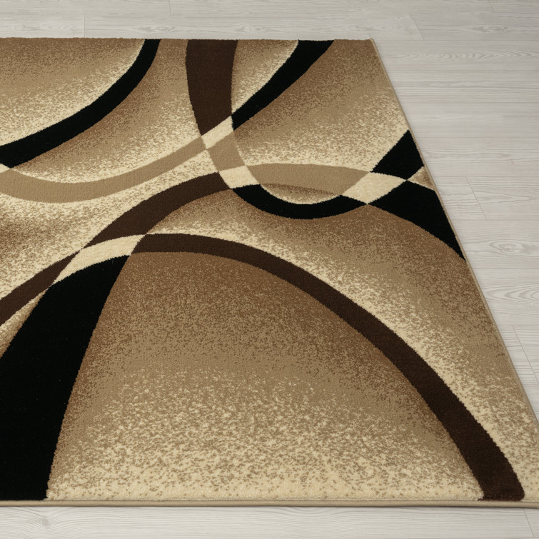 Beige and Black Abstract Geometric Synthetic Runner Rug