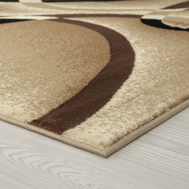 Beige and Black Abstract Geometric Synthetic Runner Rug