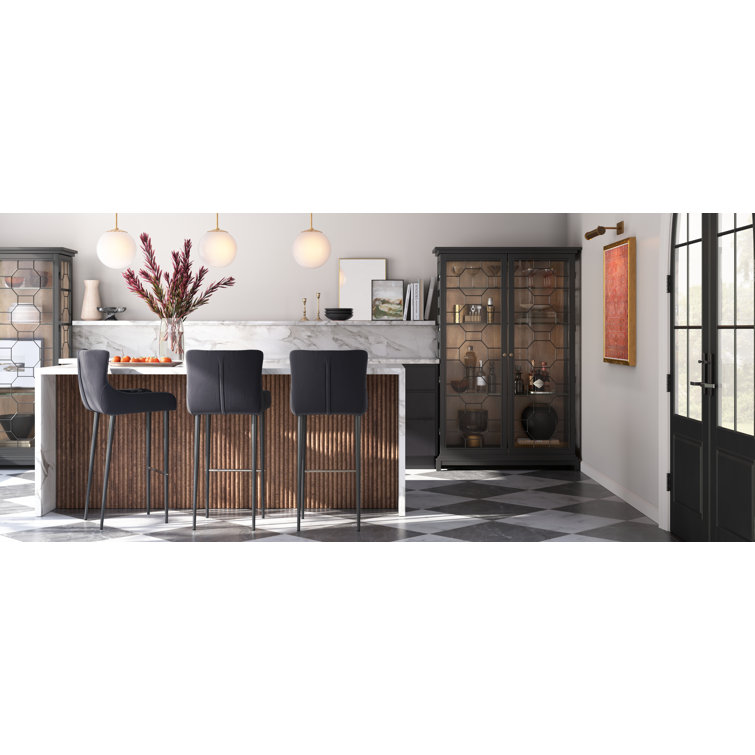 Etta Dark Grey Diamond-Tufted Velvet Bar Stool with Metal Frame