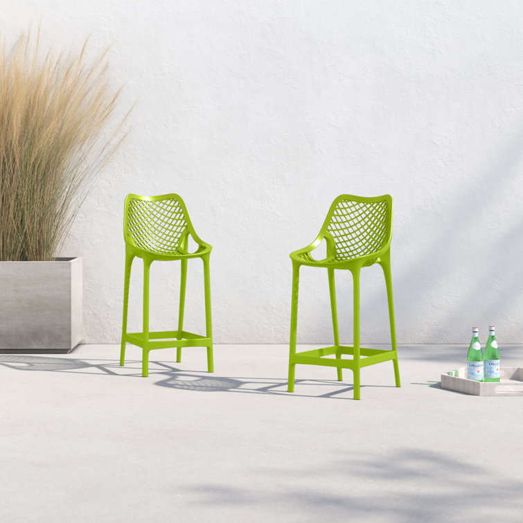 Tropical Green Plastic Outdoor Bar Stools with Footrest - Set of 2