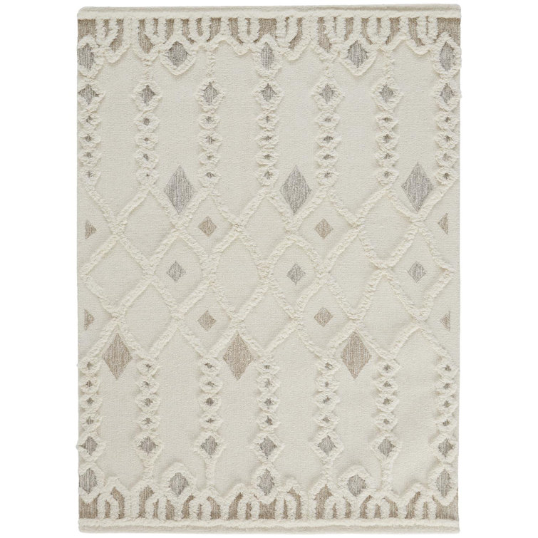 Ivory and Tan Hand-Tufted Wool Geometric Rug, 2' x 3'