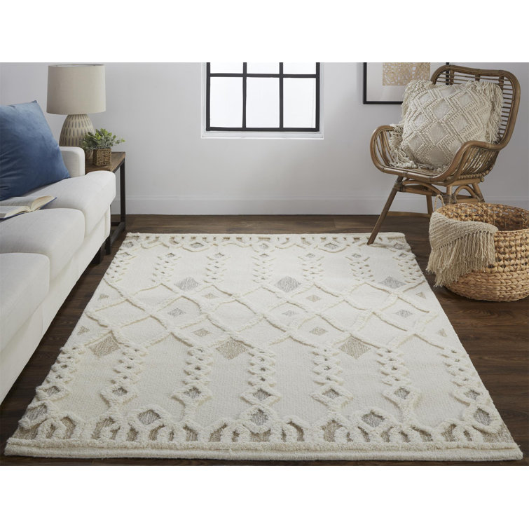 Ivory and Tan Hand-Tufted Wool Geometric Rug, 2' x 3'