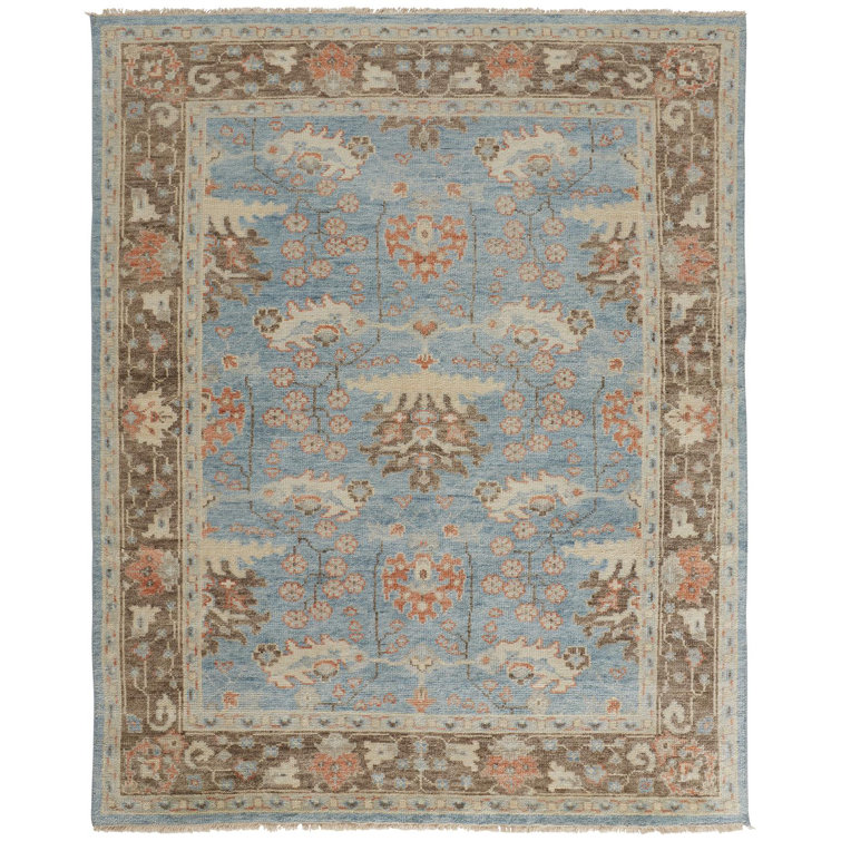 Hand-Knotted Blue and Brown Wool Rectangular Area Rug