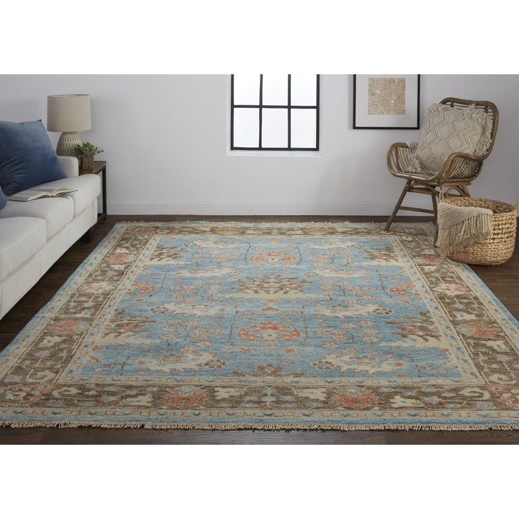 Hand-Knotted Blue and Brown Wool Rectangular Area Rug