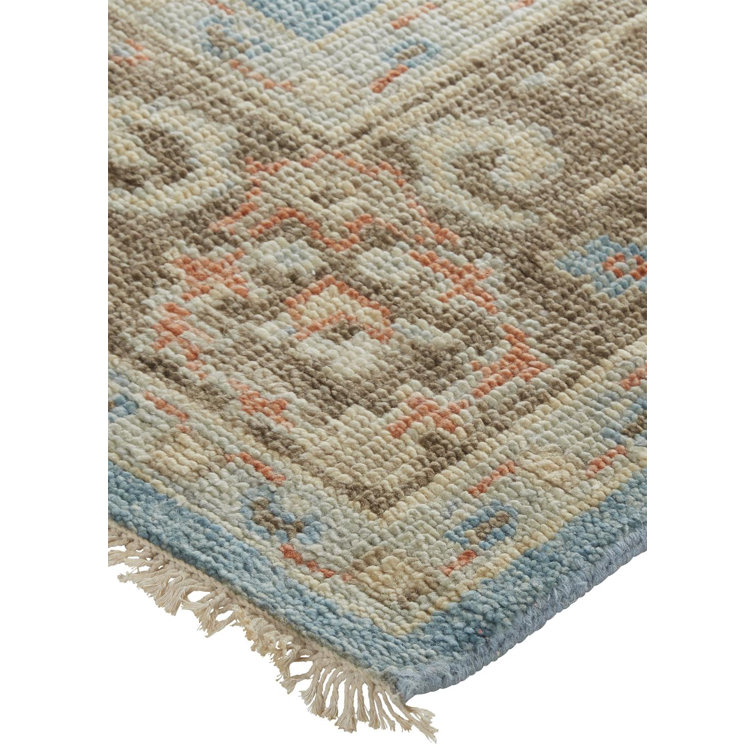 Hand-Knotted Blue and Brown Wool Rectangular Area Rug