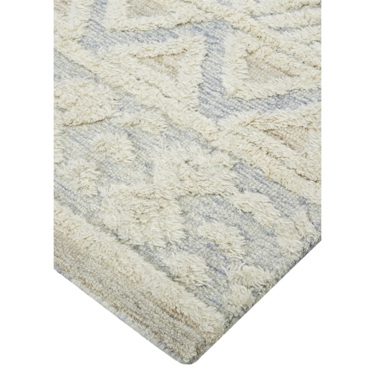 Scandinavian Cream and Blue Wool Geometric Area Rug
