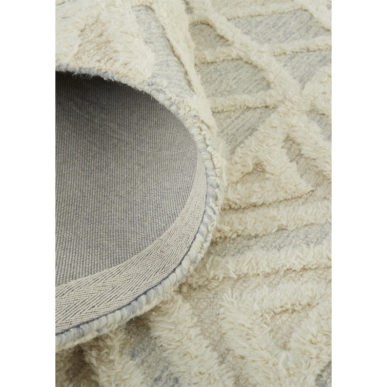 Scandinavian Cream and Blue Wool Geometric Area Rug