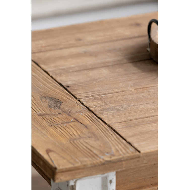 Whitewash Fir Wood Rectangular Coffee Table with Storage and Carved Legs