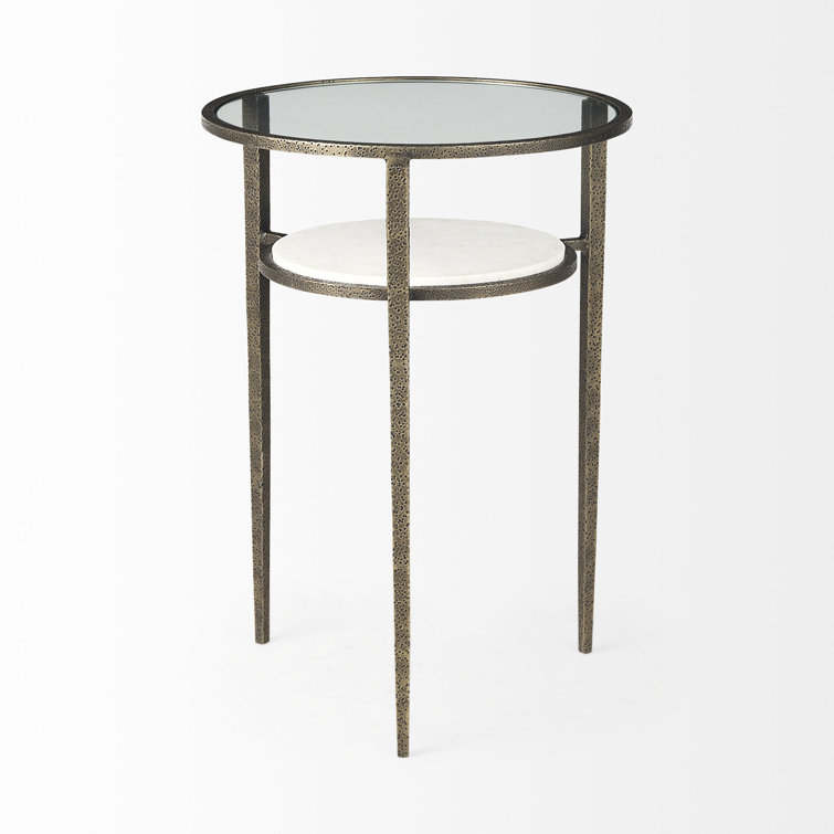 Antique Gold Metal and Marble Glass Top Side Table