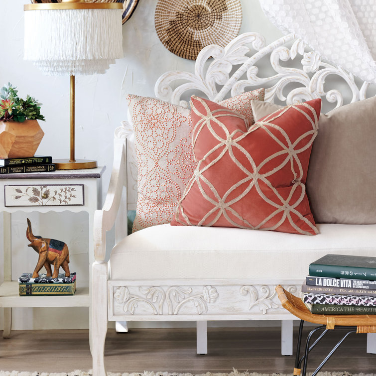 Blush and Cream Cotton Embroidered Square Throw Pillow