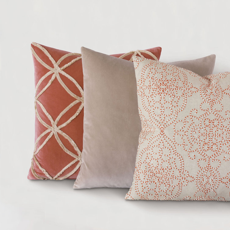 Blush and Cream Cotton Embroidered Square Throw Pillow